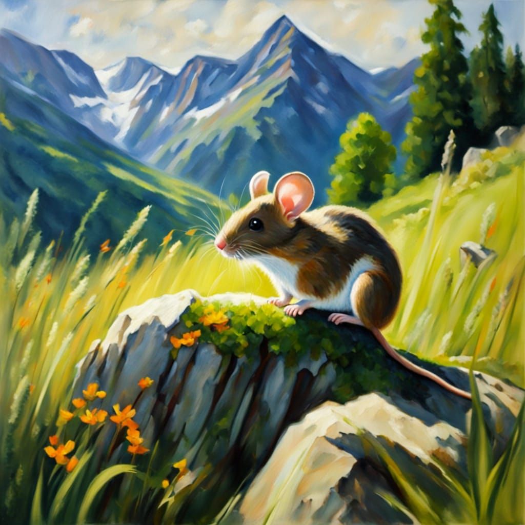 Mouse in Swiss Alps Summer Landscape Painting