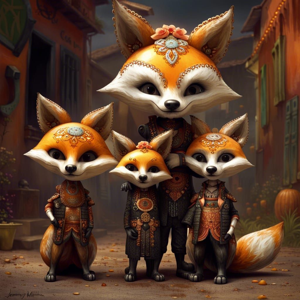 Chibi Fox Family Celebrates Day of the Dead