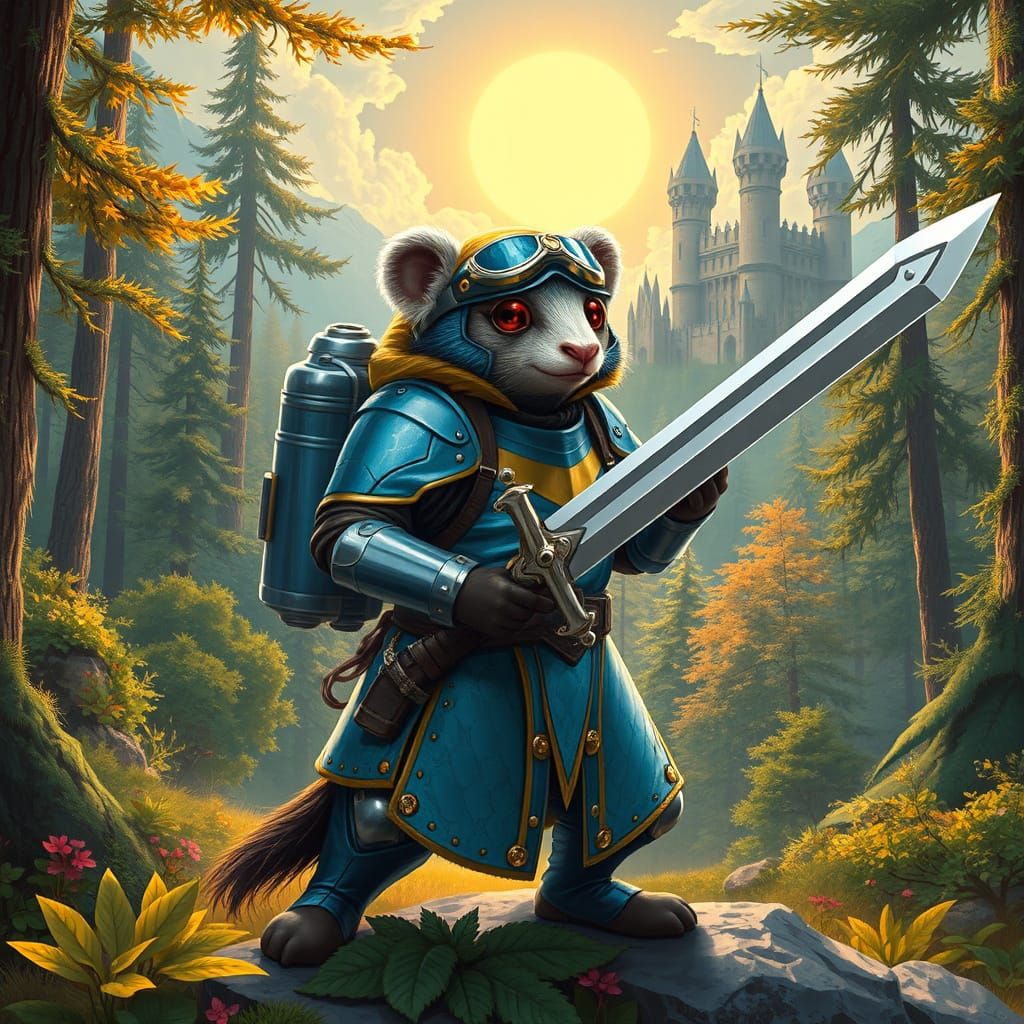 Metallic Blue Knight in Futuristic Armor, Rocket Pack, and C...