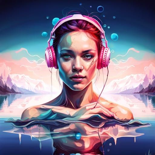 Meditative Girl by Peaceful Lake in Splash Art Style