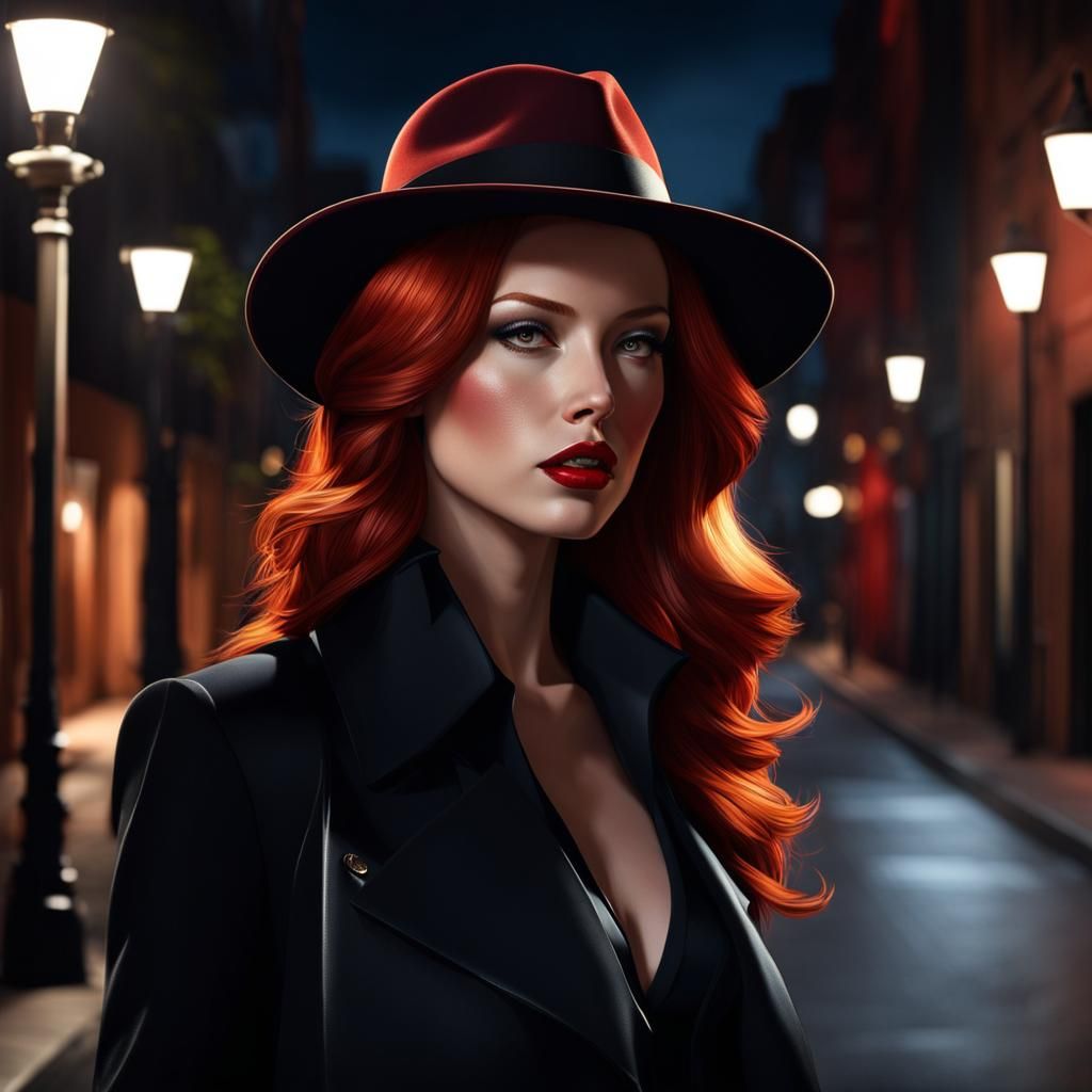 Redhead in Fedora Walking at Night