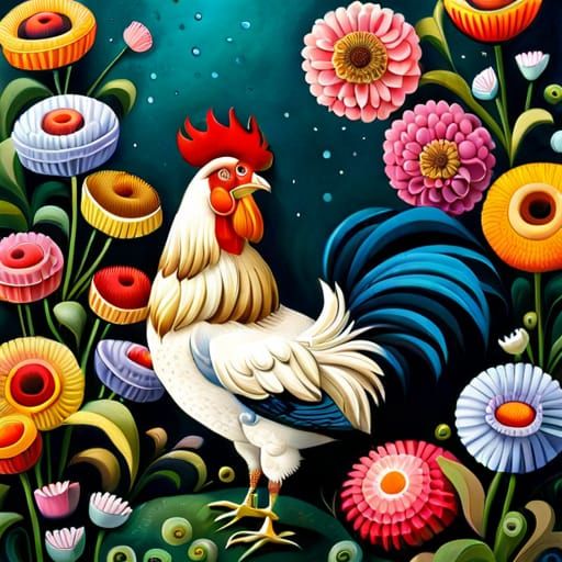 Rooster and Hen in Baroque Rococo Floral Scene