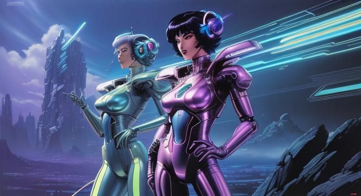 Retro-Futuristic Android in Neon Landscape