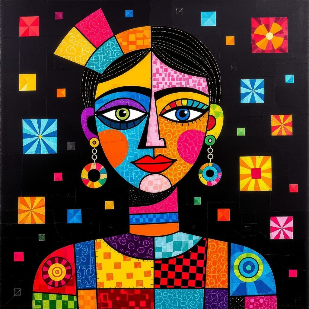 Mechanical Lady in Bold Colors Against Black Background