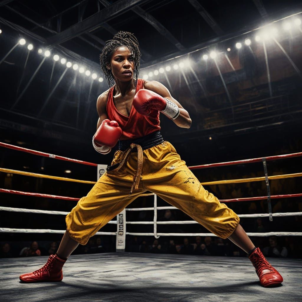 Black Female Kickboxer in Grungy Oil Painting Style