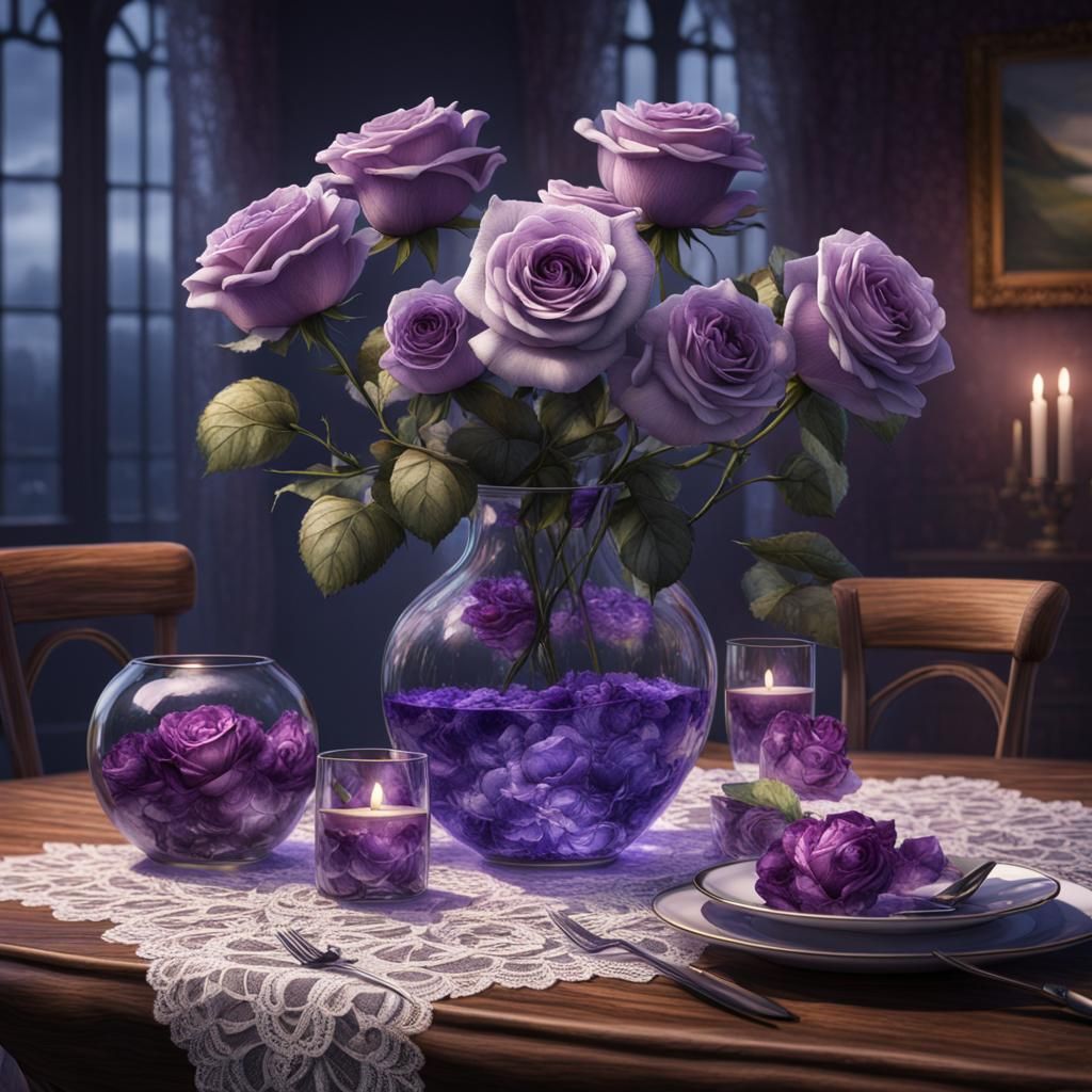 Watercolor Painting of Purple Roses in Vase