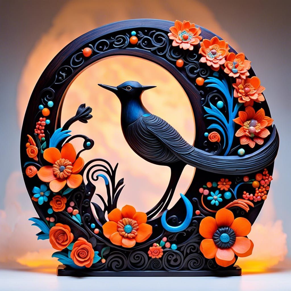 Ebony Bird Sculpture on Floral Crescent, Ornamental Art