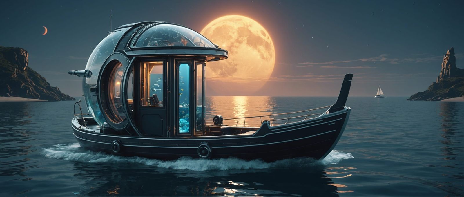 Futuristic Outhouse Boat Floating at Night