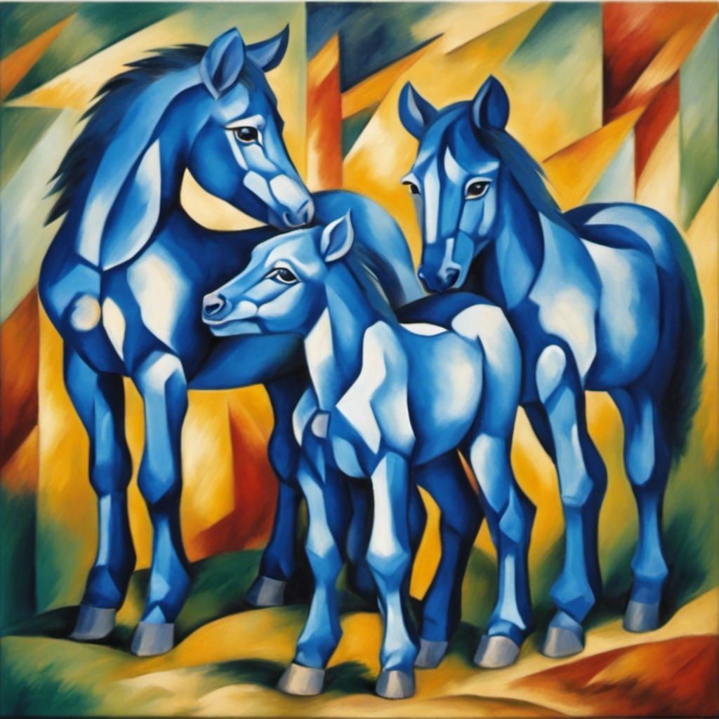 Blue Foals: Cubist Oil Painting