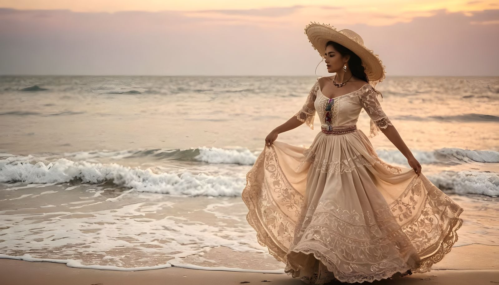 Woman in Traditional Mexican Clothing Dances Under Sunset