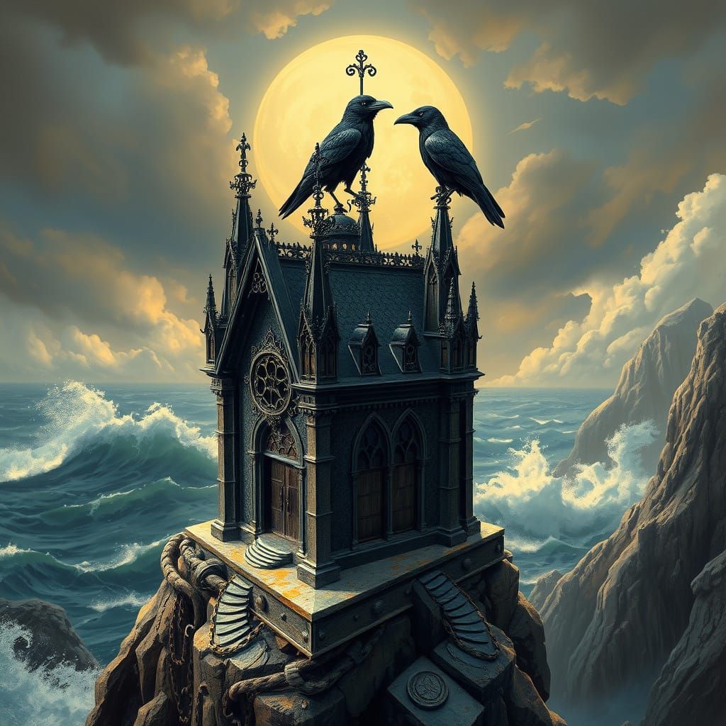 Gothic Cathedral Birdhouse on Cliff with Raven