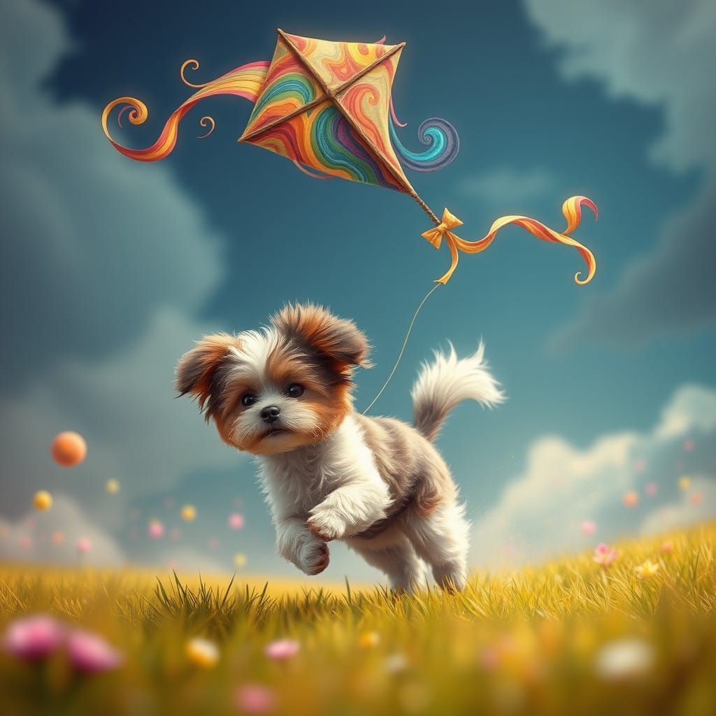 Whimsical Morkie Chases Dreamlike Kite in Enchanted Landscap...
