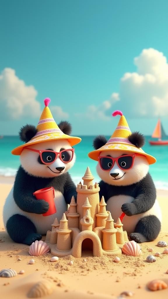 Pandas Build Sandcastle on Welsh Beach in 3D