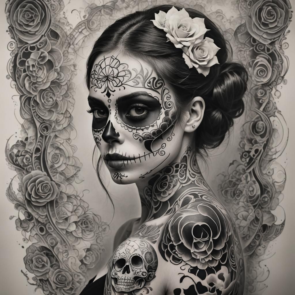 Surreal Calavera Tattoo Optical Illusion in Black and White