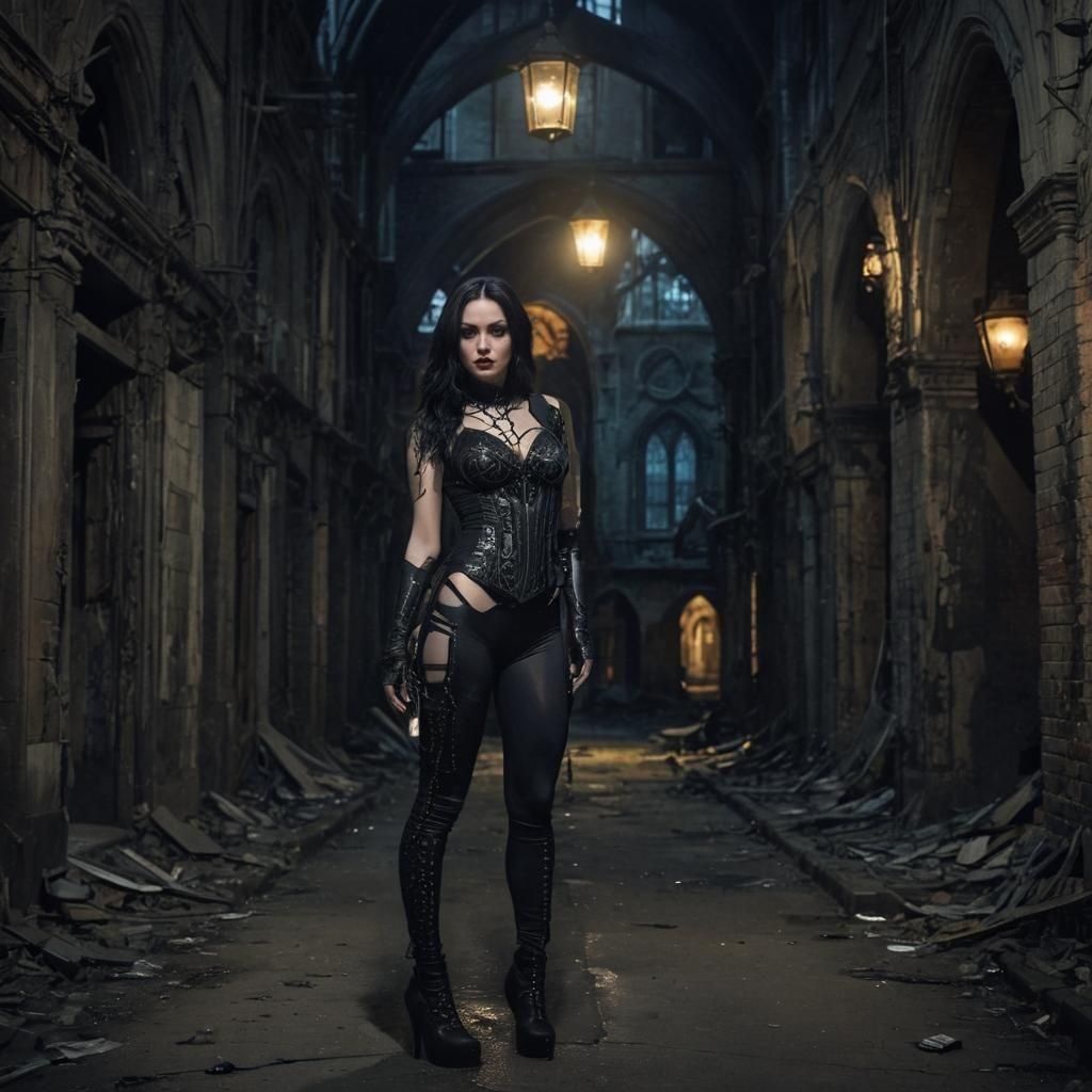 Gothic Woman in Abandoned City: Detailed Photography