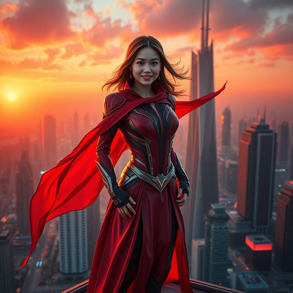 Korean Woman Marvels in Scarlet Witch Regalia atop Futuristi...