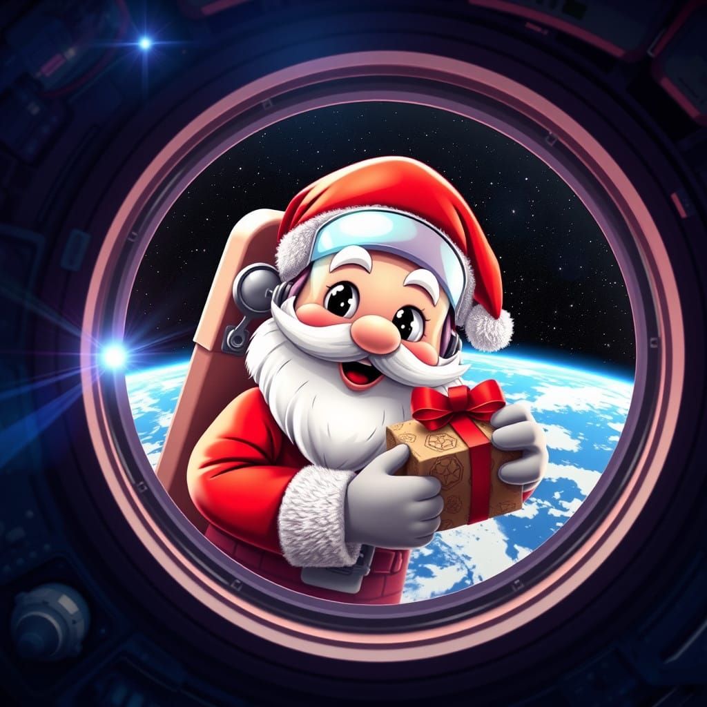 Surreal Christmas Scene in Cartoon Style from Spacecraft