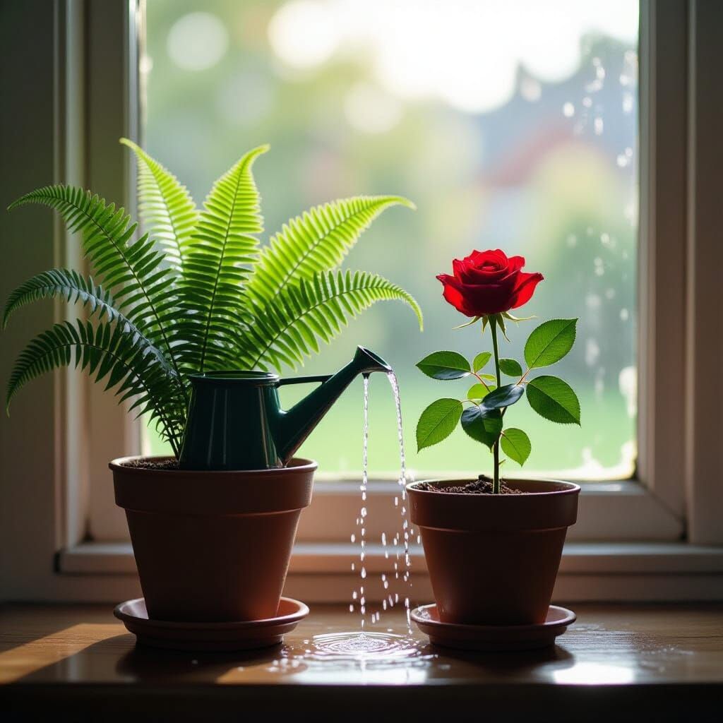 Potted Fern Waters Rose in Cinematic Film Still