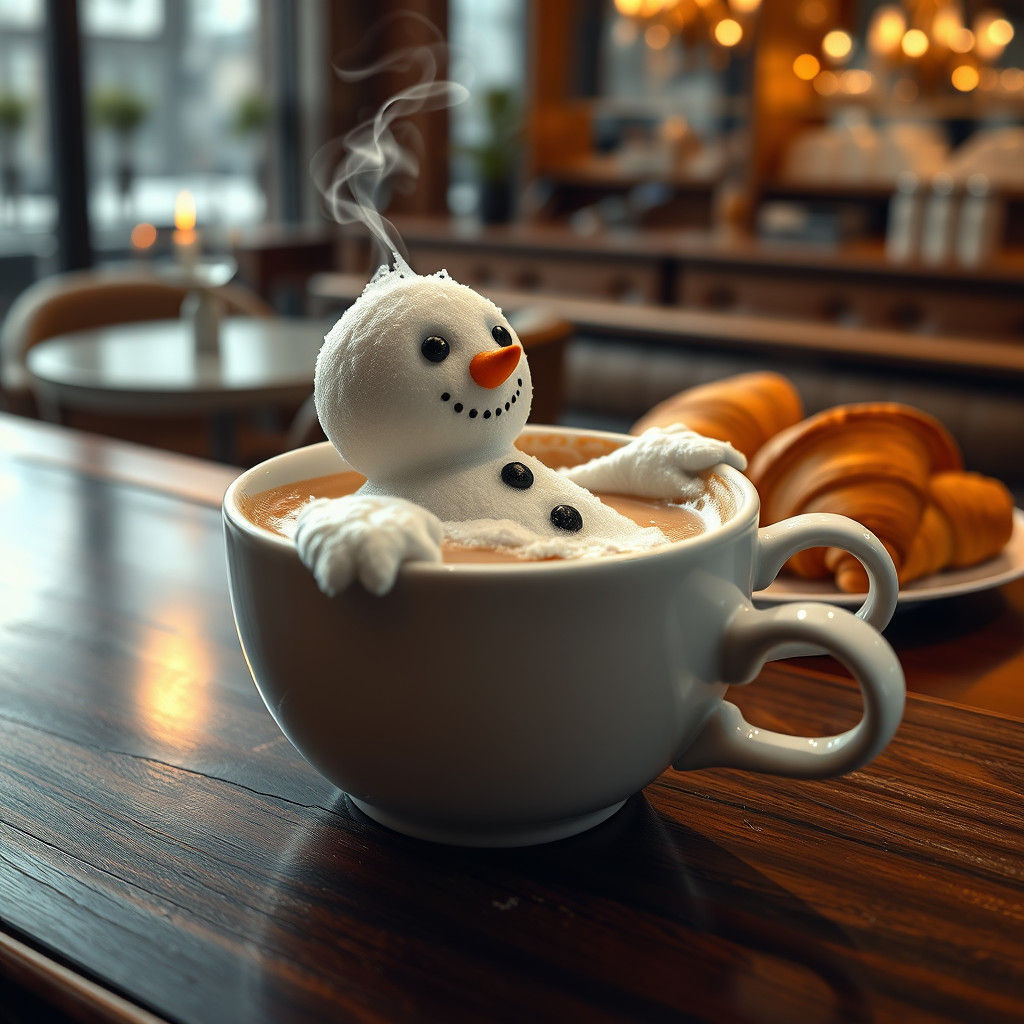 Foam Snowman Latte in Hyperrealistic Style