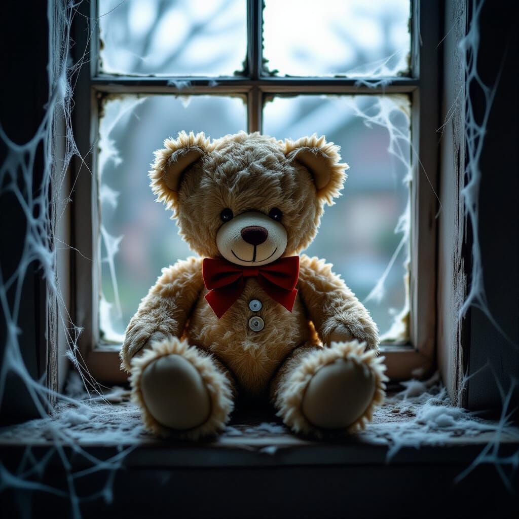 Tattered Teddy Bear in Ethereal Moonlight Attic