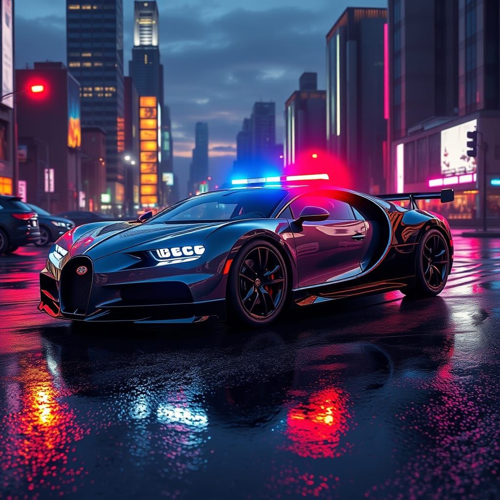 High-Speed Police Interceptor Car in Futuristic Cityscape