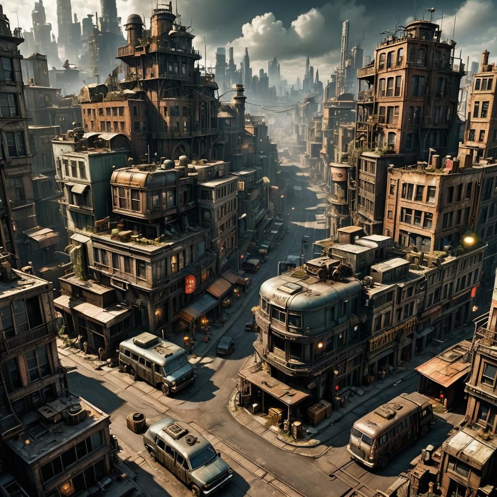 Dieselpunk City in Post-Apocalyptic Wonderland
