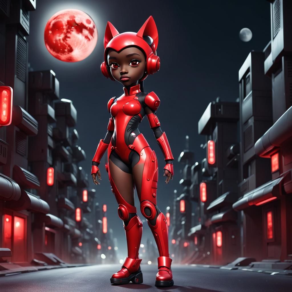 A cute black futuristic wearing all red standing powerfully on a dark street with a full moon.
