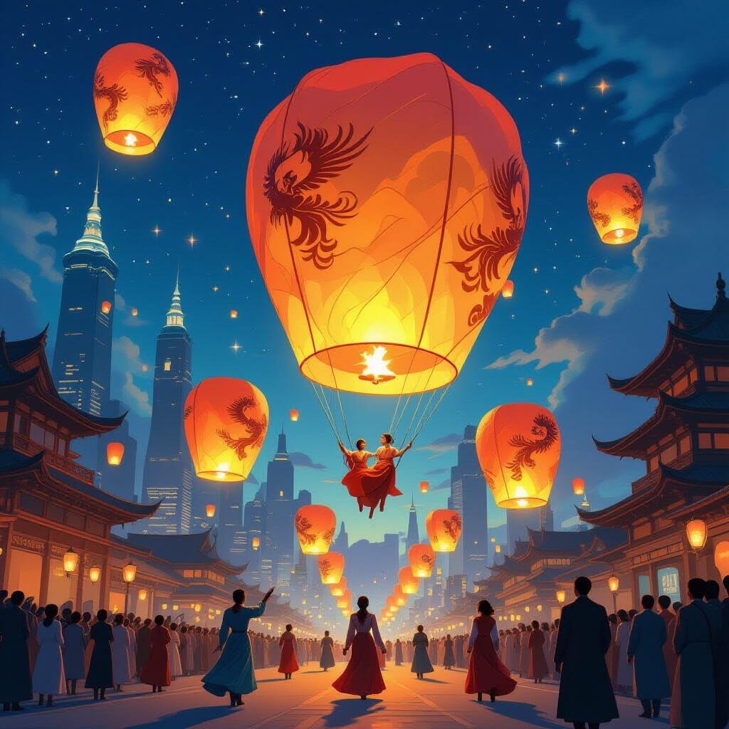 Sky-Lantern Serenade: Mythical Lanterns Float Above Futurist...