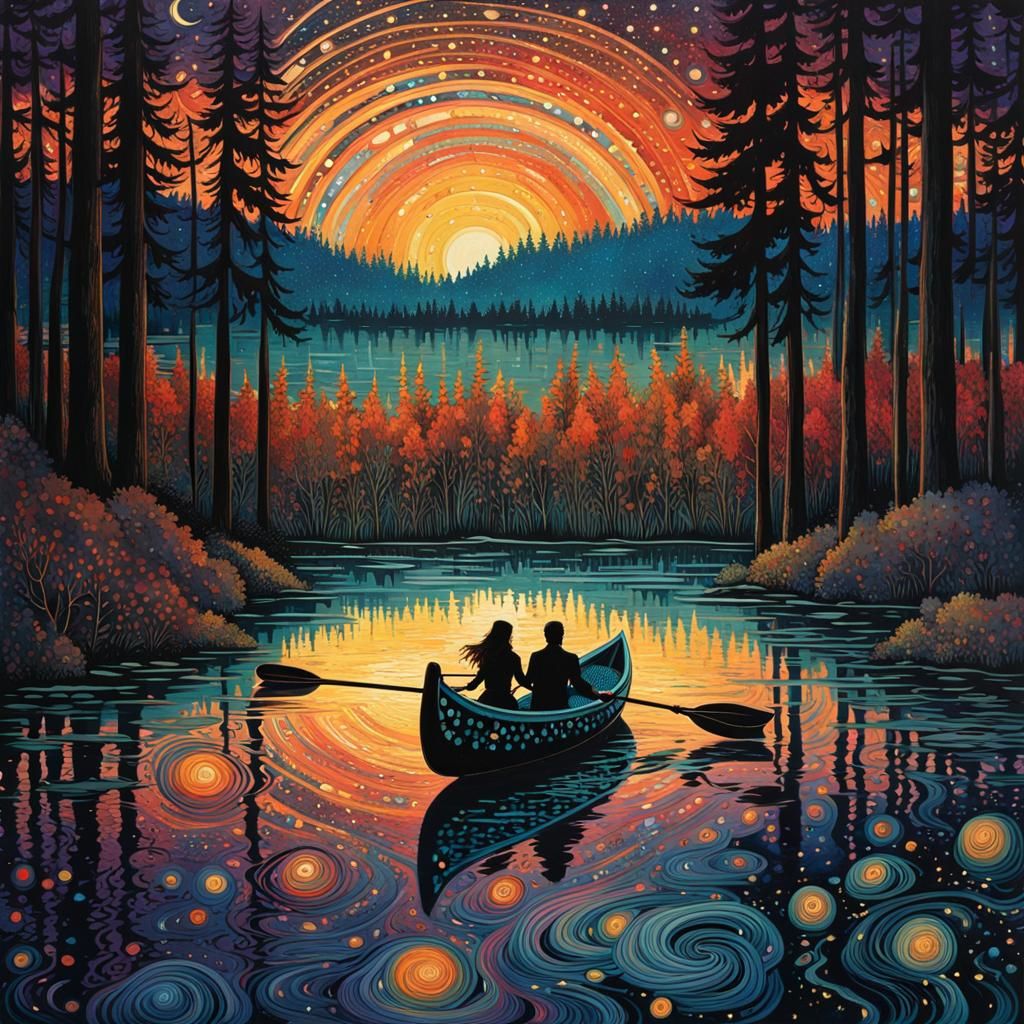 Bioluminescent Lake Canoe at Night, Iridescent Splash Art
