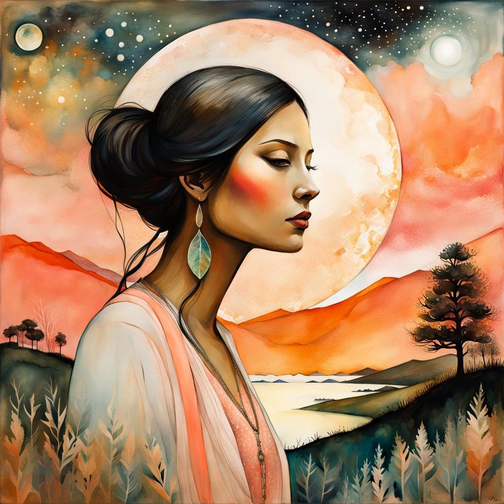 Woman and Summer Landscape in Watercolor Illustration