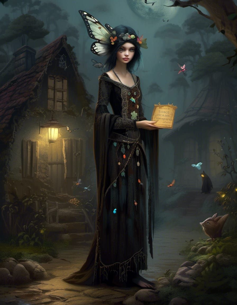 Fairy Woman in Magical Village: Digital Art Masterpiece
