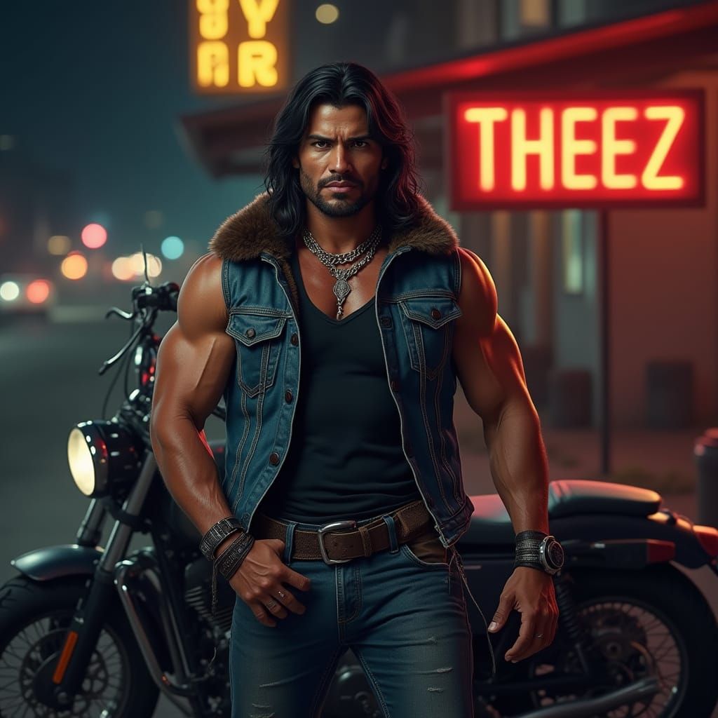 Native American Man by Motorcycle in Hyperrealistic Style