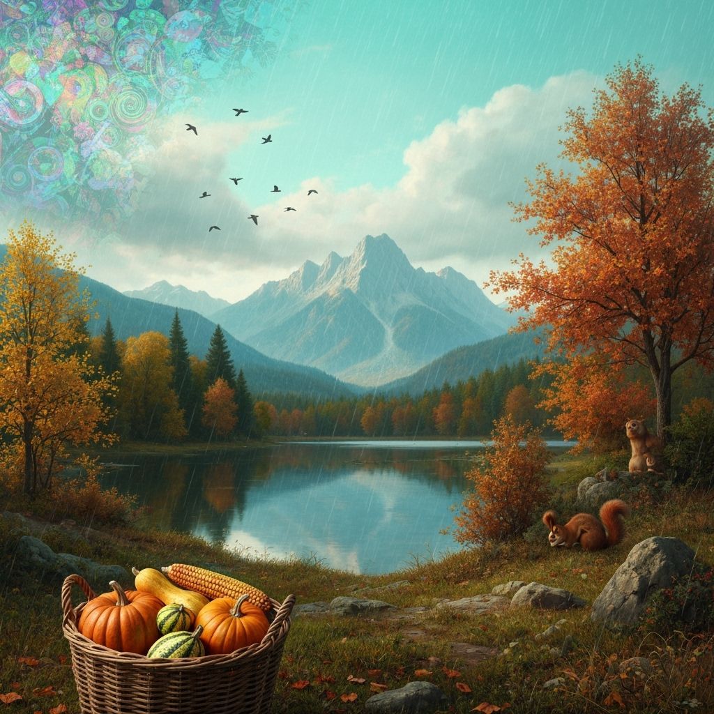 Surreal Autumn Landscape with Pumpkins and Migrating Birds