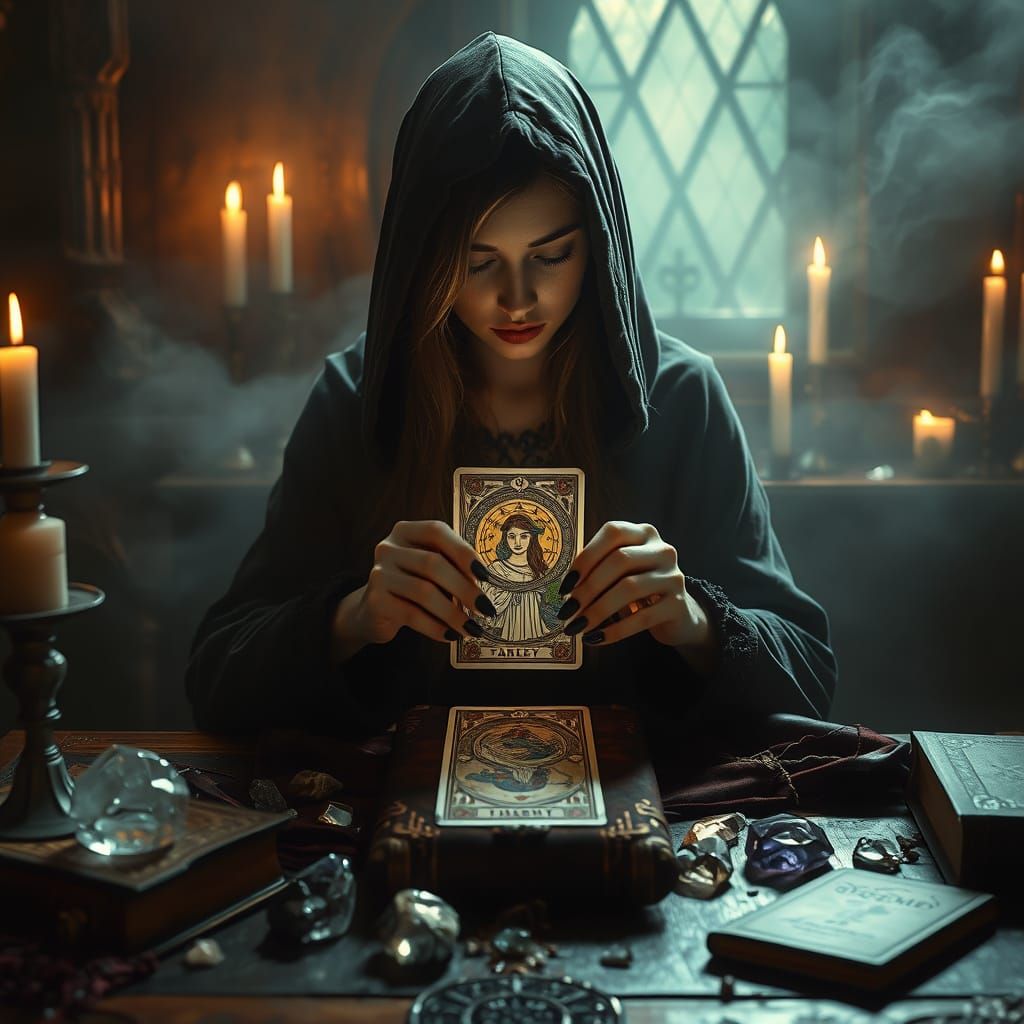 Mystical Tarot Reader in Ethereal Candlelight