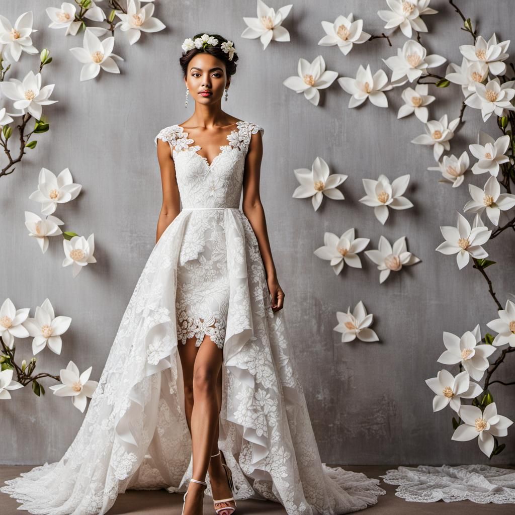 Elegant Woman in Origami Wedding Dress with Magnolias