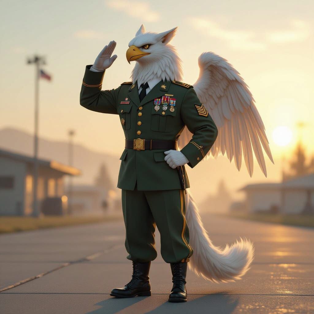 Gryphon Soldier Salutes at Dawn on Military Base