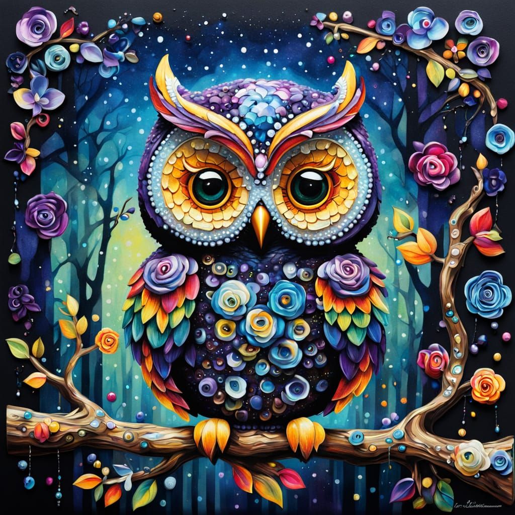 Beaded Owl on Branch in Vibrant Beadwork Style
