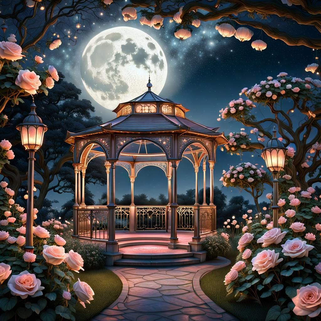 Rose Gazebo under Moonlit Sky: Photorealistic Art