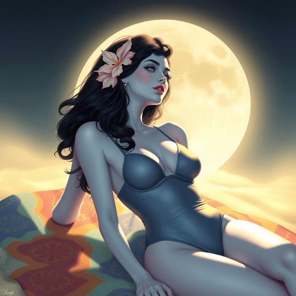 Ethereal Moon Maiden in Art Nouveau Style