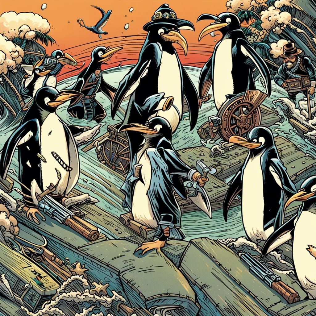 Penguin Pirates in Comic Book Style