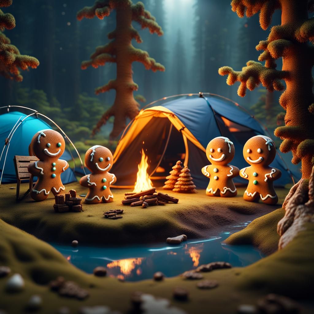 Gingerbread Men Camping: Detailed Matte Painting