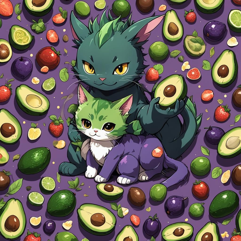 Dragon Cat Shares Avocado with Pony in Anime Style