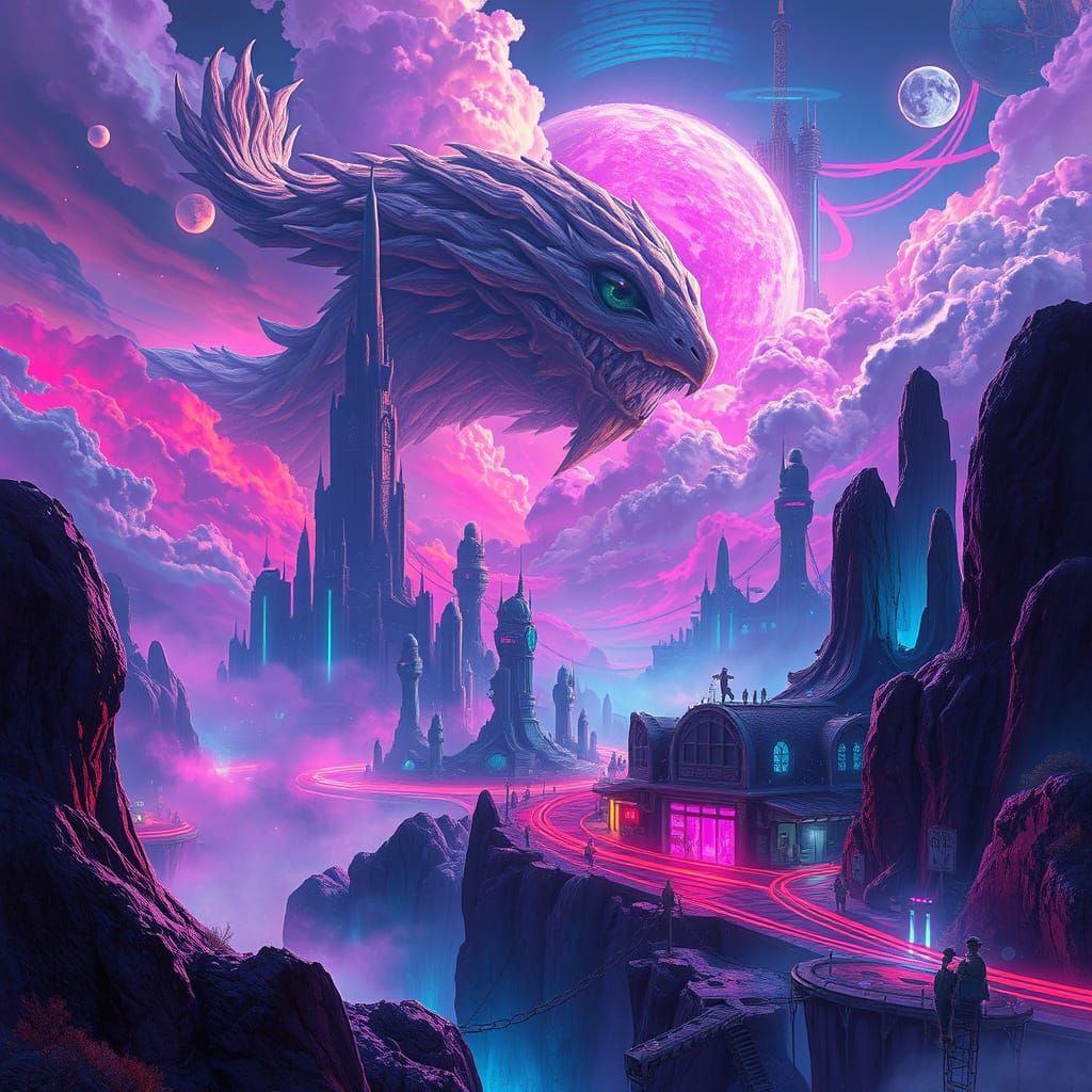 Surreal Futuristic Landscape in Vibrant, Ethereal Colors