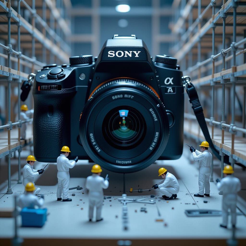 Giant Camera Being Repaired by Tiny Workers