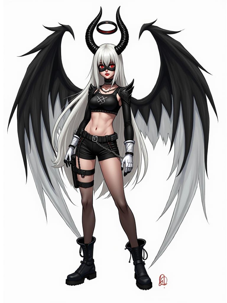 Dark Angelic Superhero Girl with Fiery Eyes and Black Horns
