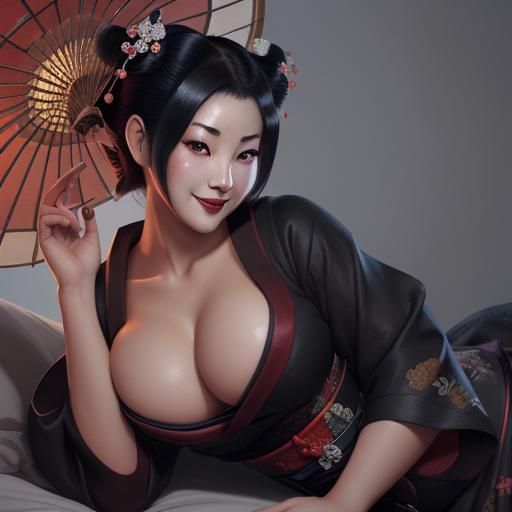Geisha Pinup in Short Dress, Detailed Matte Painting