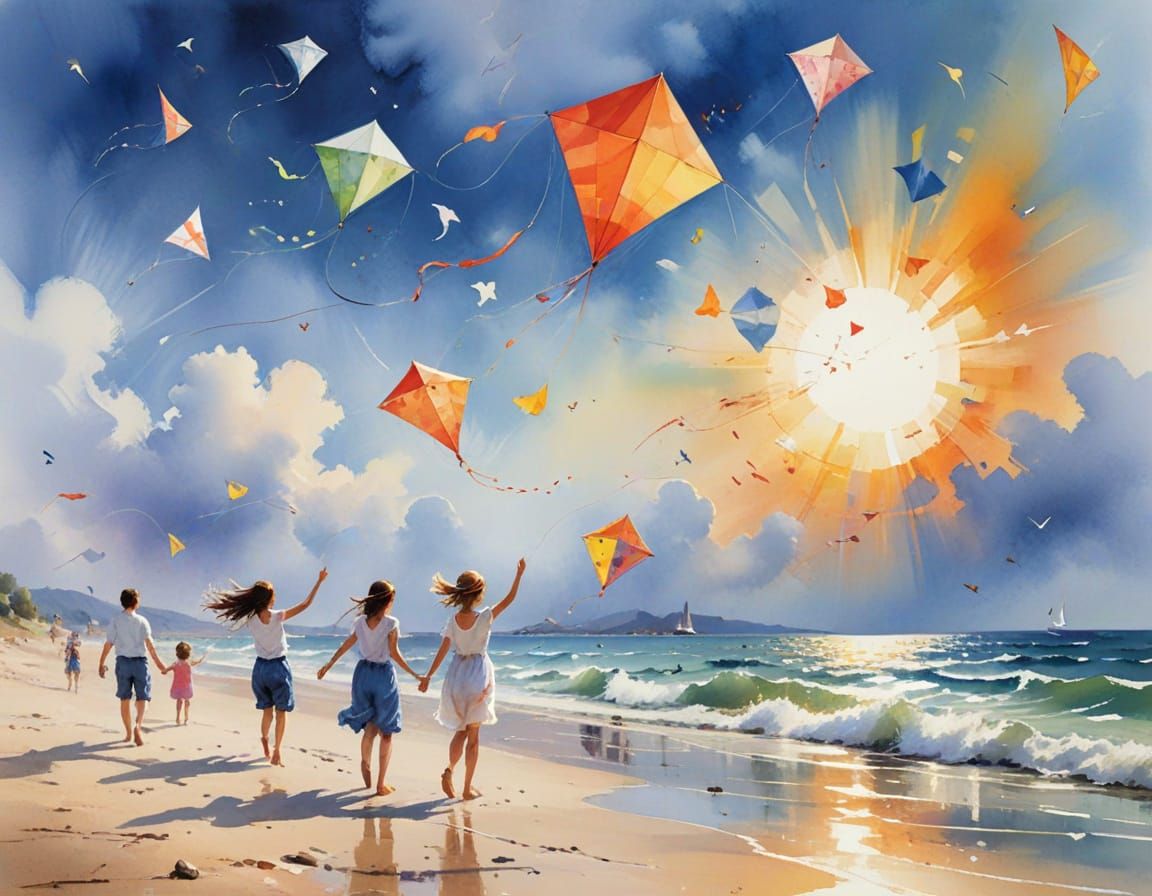 Families Flying Kites on Breezy Summer Shoreline