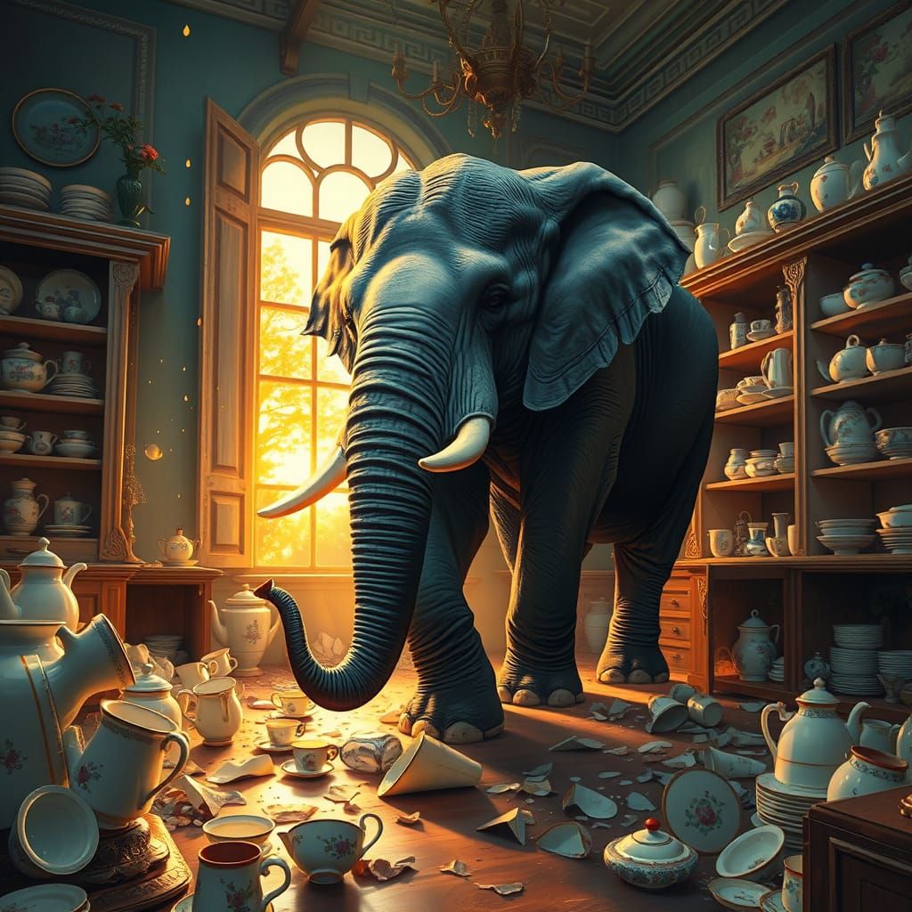 Elephant Navigates Delicate China Shop in Surreal Light