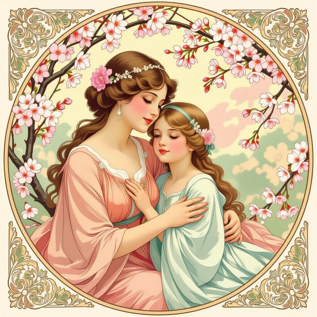 Art Nouveau Mother Daughter Portrait With Cherry Blossoms