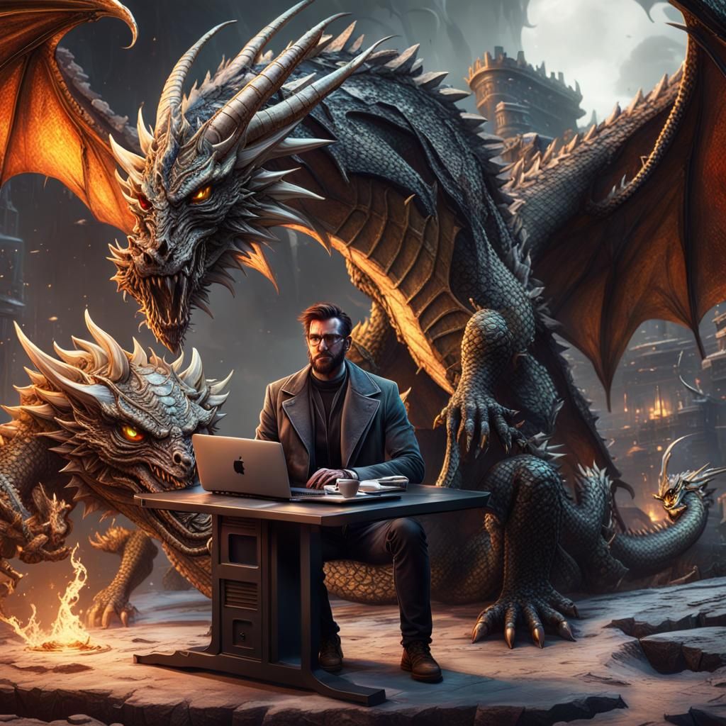 Engineer and Dragon in Detailed Matte Painting